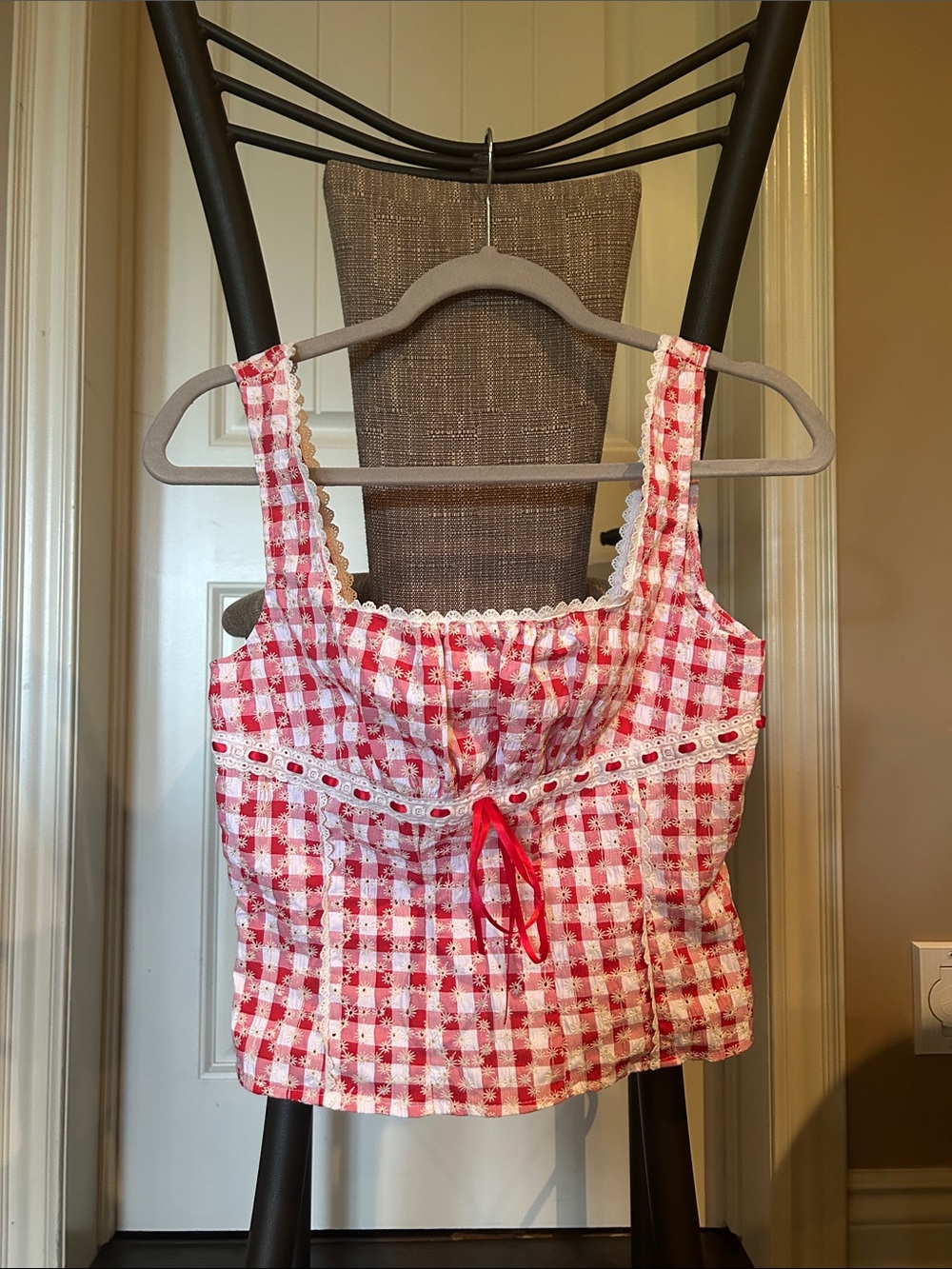 SHEIN Red and White Gingham Eyelet Smocked Crop Top
